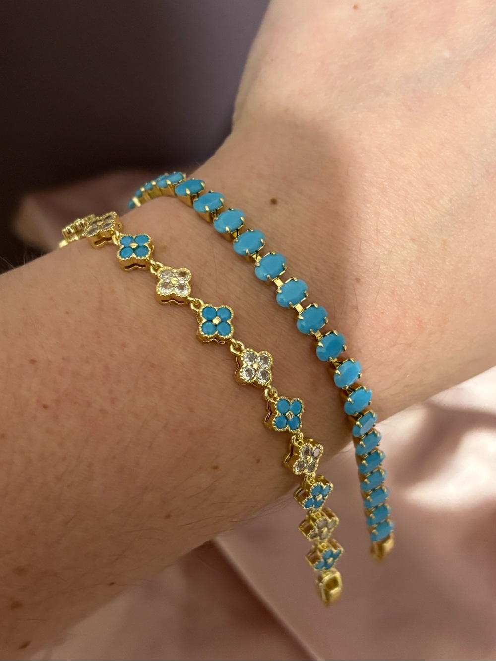 Gold-Plated Turquoise Flower Link Bracelet set- Women Jewelry